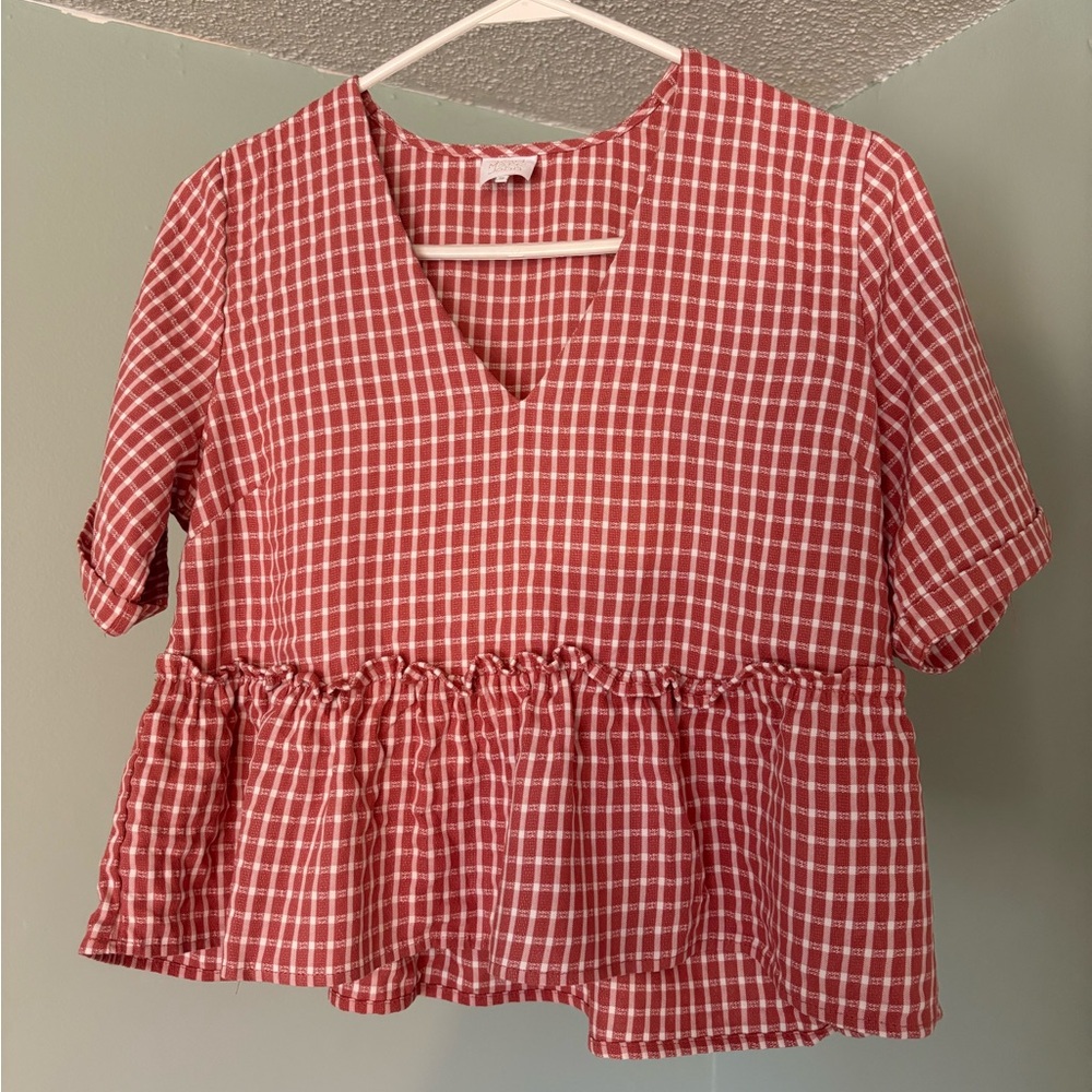 Red Checkered Ruffle Women's Top